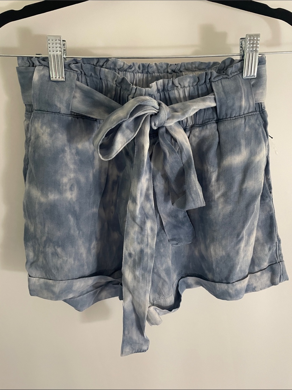 High-Waist Tie-Dye Blue Paperbag Shorts with Self-Tie Belt